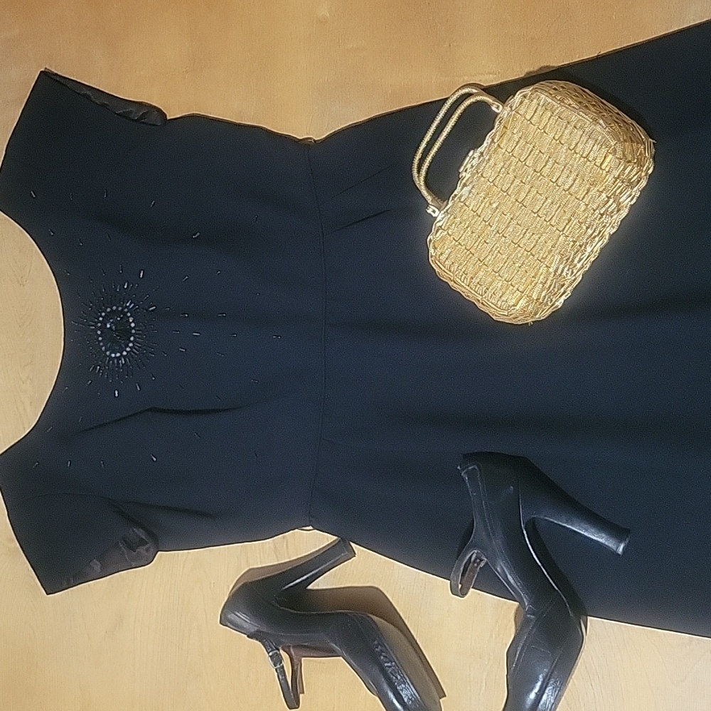 Vintage Late 50s Elegant Black Dress with Beaded Detail Sunburst Bib Front  M